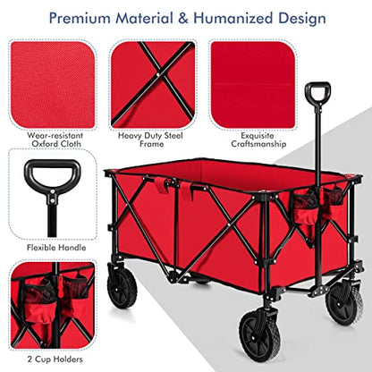 Goplus Collapsible Wagon, Folding Utility Wagon Cart w/Universal Wheels & Adjustable Handle & Cover Bag, Grocery Wagon for Garden Shopping Camping (Red) - color: Red