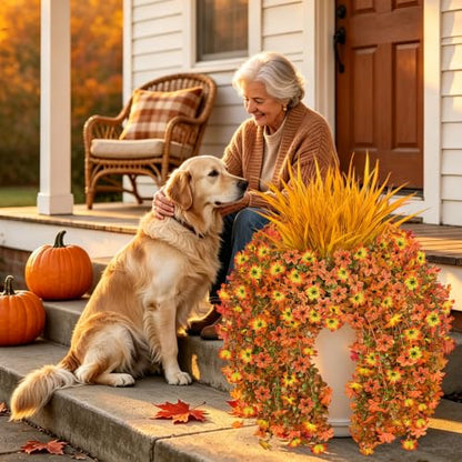 7PCS Artificial Fall Hanging Flowers for Outdoor, Six-Petaled Faux Mums - color: Orange Yellow