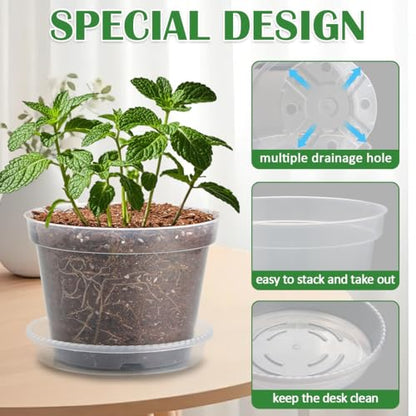 9 Pack 8/7/6 Inch Clear Nursery Pots for Plants with Saucer, Transparent Plastic Plant Pots with Drainage Holes, Sturdy Seedling Starter Pot, Garden Planter Pot for Succulents Flowers Herb Vegetables - size: 6/7/8 Inch-9P