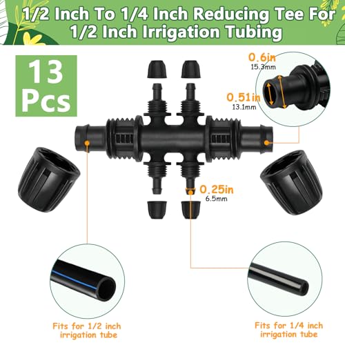 13 Pack 1/2 Inch to 1/4 Inch Drip Irrigation Fittings, 1/2" (1/2" ID x 0.65" OD) to 1/4" Drip Line Reducing Tee 1/2" x 1/4" 6 Way Splitter Connectors for Garden Irrigation System - size: 1/2" x 1/4" 6 Way Splitter