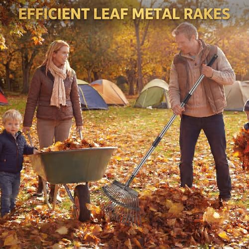 Metal Bow Leaf Rake with 25 Steel Teeth & 68" Stainless Steel Handle - size: 68-IN