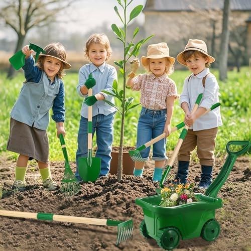 Duckura Kids Gardening Tools Set, Wheelbarrow Sets Outdoor Yard Toy Ages 3+ - color: Green-11pcs