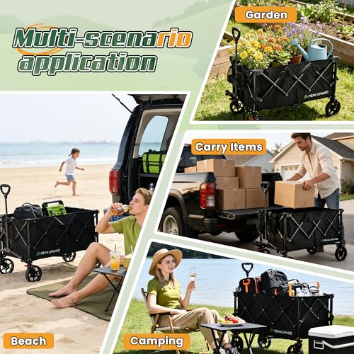 Wagons Carts Foldable,Collapsible Wagon with Wheels,450LBS Heavy Duty Beach Wagon Cart,Lightweight Portable Folding Utility Wagon Cart with Cup Holders for Camping, Garden, Sports, Grocery pcs - color: Black-200l