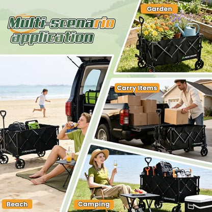 Wagons Carts Foldable,Collapsible Wagon with Wheels,450LBS Heavy Duty Beach Wagon Cart,Lightweight Portable Folding Utility Wagon Cart with Cup Holders for Camping, Garden, Sports, Grocery pcs - color: Black-200l