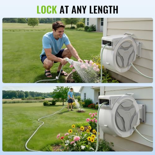 100 FT Retractable Garden Hose, Heavy Duty Wall Mounted Water Hose Reel - color: White