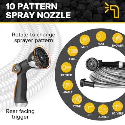 Metal Garden Hose 50ft Heavy Duty Stainless Steel Water Hose with Sprayer & Metal Fittings Flexible Lightweight Hose Puncture Proof Hose for Yard, Outdoors, Rv - size: 50 FT