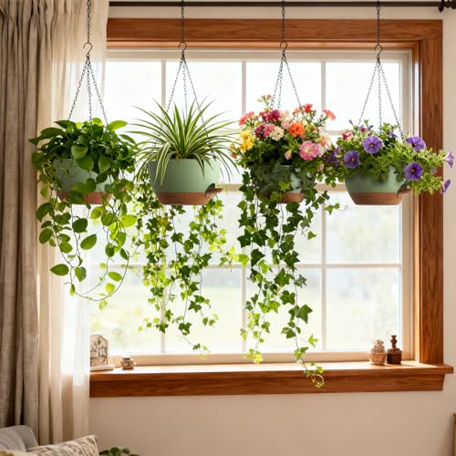 UOUZ 4 Pack 8 Inch Self Watering Hanging Planters for Indoor Outdoor Plants，Hanging Pots for Plants with Drainage Removable Tray, Hanging Baskets Flower Pots for Pothos Spider Garden Green with Brown - color: Green With Brown, size: 8inch-4pack