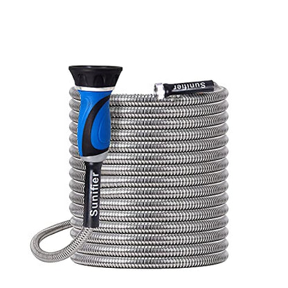 Metal Garden Hose 50 Ft With Hose Nozzle, Flexible Stainless Steel Garden Hose 50 Ft, Heavy Duty Water Hose for Outdoor Garden Watering Washing (50FT) - size: 50 Feet