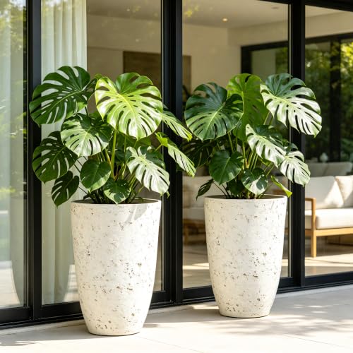 Autodaya 19.5" Resin Tall Planters for Outdoor Plants, Set of 2 Flower Pots - color: Country Round White-19.5"