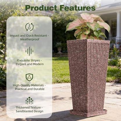 Square Tall Planters for Outdoor Plants with Tray - Stone Finishes - color: Reddish Brown-stone Finishes