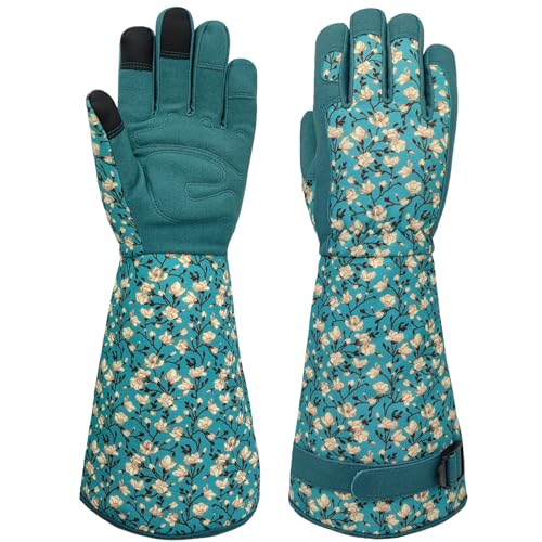 Thornproof Rose&Cactus Gardening Gloves,Gauntlet Garden Glove,Gifts - color: Lake-blue Flower, size: Large