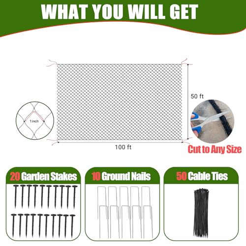 Bird Netting for Garden Protection - 1" Mesh Netting to Cover Chicken Coops - size: 1", 50' x 100'