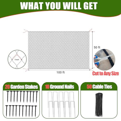 Bird Netting for Garden Protection - 1" Mesh Netting to Cover Chicken Coops - size: 1", 50' x 100'