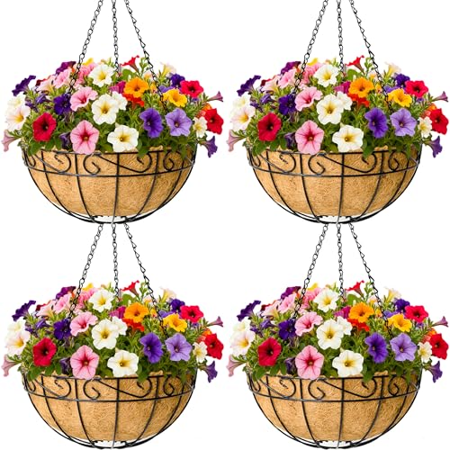 12 Inch Hanging Planters 4 Pack Round Metal Baskets with Coco Liners for Indoor Outdoor Gardens Porch Patio Decor Farmhouse Country Style Garden Decor - color: Lacework