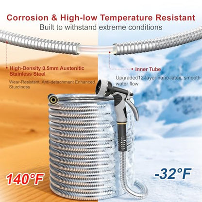 Lefree 100ft Metal Garden Hose with Upgraded Leak‑Proof Rubber Sleeve - color: Gray, size: 100FT