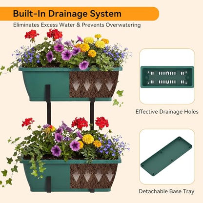 CADUKE 2-Tier Deck Railing Planter Boxes, 16.9 Inch Hanging Fence Flower Boxes with Detachable Hooks & Drain Holes for Porch & Garden, Green - color: Green
