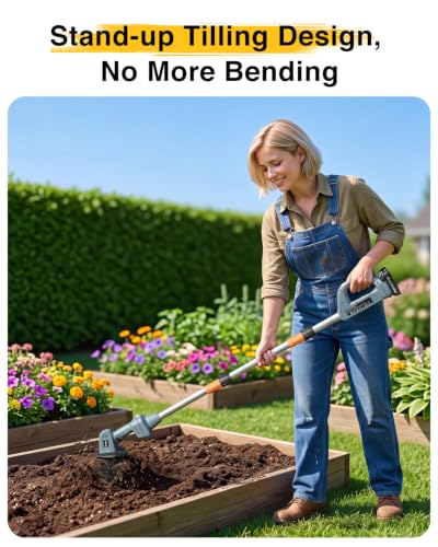 2-in-1 Cordless Tiller Cultivator, 20V Electric Rototiller with Detachable Extension Pole, 2×2.0Ah Battery, Lightweight 4.9 lbs Garden Tiller, 300 RPM for Raised Beds, Lawn, Weeding & Soil Cultivation - size: 4''x4''