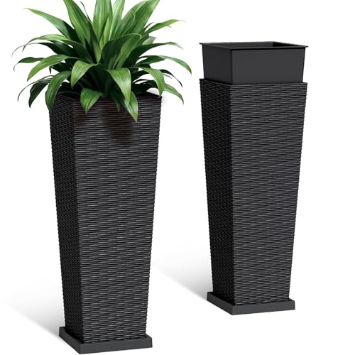 Greesum Set of 2 Tall Plastic Planters with Saucer, 32 Inch, Black - color: Black, size: 32" with Tray