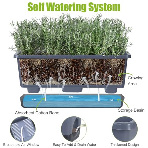 Window Box Planter 4 Packs, 17 Inches Rectangle Flower Pots with Drainage Holes & Trays, Pots for Vegetables, Herbs, Flowers, Garden Windowsill Balcony (Grey, 17 * 5.1 * 6 inch) - color: Gray