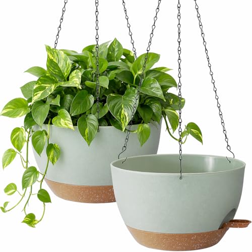 TYMENSH Hanging Plant Pots 12 Inch Set of 2, Self Watering, Drainage Holes, Removable Saucer, Durable Plastic with Chains, Indoor Outdoor, Green - color: Green