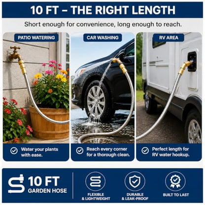 10FT 304 Stainless Steel Garden Hose, 3/4 GHT Brass Fittings - size: 10FT
