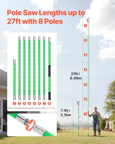 VEVOR Manual Pole Saw, 3.87-27 ft Extendable Pole Tree Pruner with Scissors, Sharp 65Mn Steel Blade, Lightweight Fiberglass Handle Pole, for High Branch Trimming, Pruning Tool for Palms and Shrubs