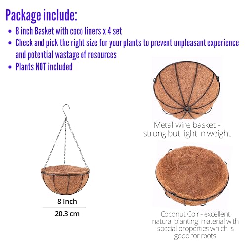 LaLaGreen Outdoor Hanging Baskets (8 in, 4 Pack) Black Coco Liner Planters - size: 8" x 4 Pack