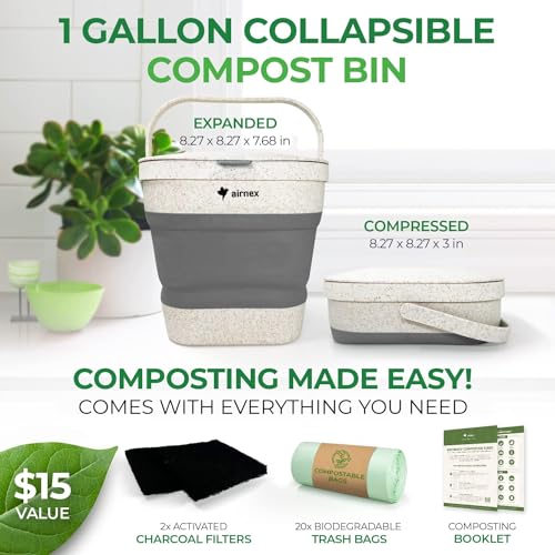 AIRNEX Collapsible Compost Bin Kitchen Counter Caddy - 1 Gallon Countertop Compost Bin with Lid Made of Wheat Straw - Odorless Kitchen Compost Bin Countertop with 20 Compost Bags and 2 Carbon Filters - color: Gray