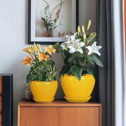 Ceramic Planters Set of 3, 10+8+6 Inch Plant Pots Indoor, Yellow - color: Bright Yellow