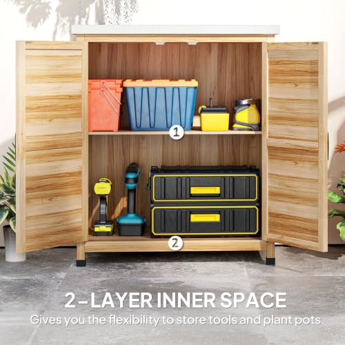 Outsunny Outdoor Storage Cabinet with Metal Tabletop Shelves Natural Wood - color: Natural Wood