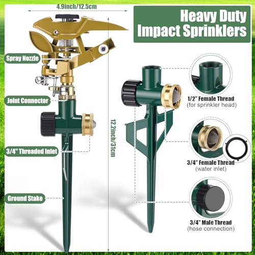 LemonRoad 2 Pack Impact Sprinkler for Yard on Spike Base, Heavy Duty Metal Impact Sprinkler Head with 360° Adjustable Spray for Large Area Lawn & Yard Irrigation