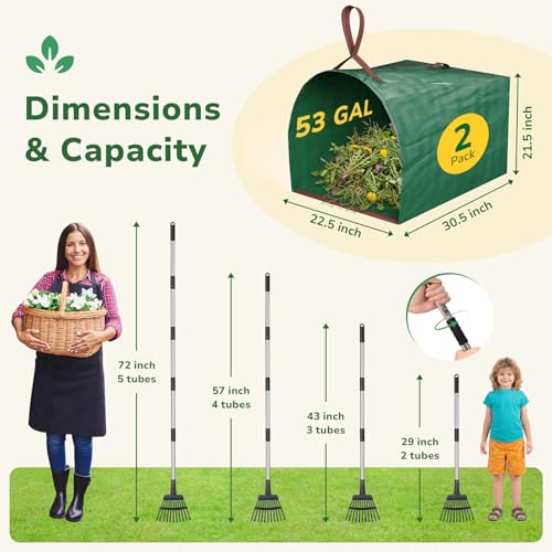 GreatBuddy Leaf Rake and Leaf Bags Combo, Adjustable Metal Garden Rake 29''-72'' 11 Tines, 2 Pack 53 Gallon Reusable Yard Waste Bags, Heavy Duty Lawn Rake with Dustpan Leaf Collector for Yard Cleanup - size: 11 tines & 53 gal 2 packs