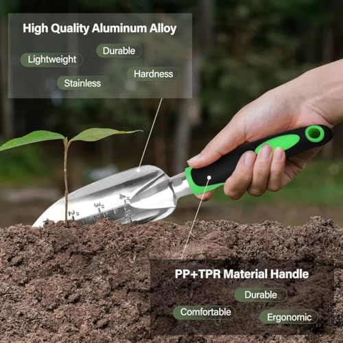Stainless Steel Garden Tool Set，3 Pieces, Including Hand Shovel & Transplant Shovel & Hand Rake with Non-Slip Soft Ergonomic Handle (Green). - color: green