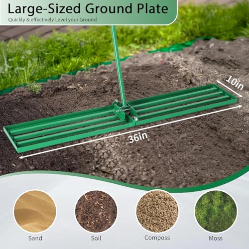 VINGLI Iron Lawn Leveling Rake 36in for Soil Sand Composs, Extended Handle, 180°Rotation Head, with All Handwares, for Yard Garden Golf Field, Green (36in) - color: 36in