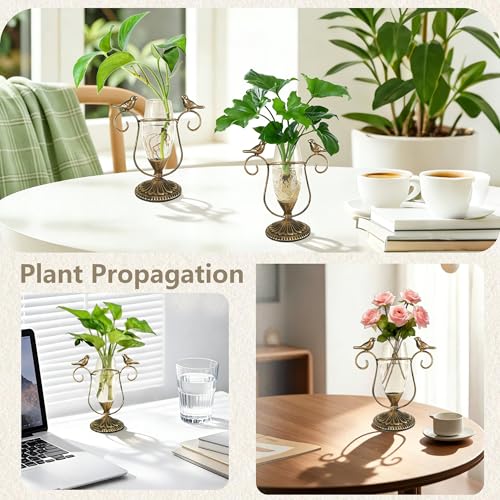 Desktop Glass Propagation Vases, Plant Terrarium with Metal Stand - color: Golden Bird, size: 7.1"×6.6"