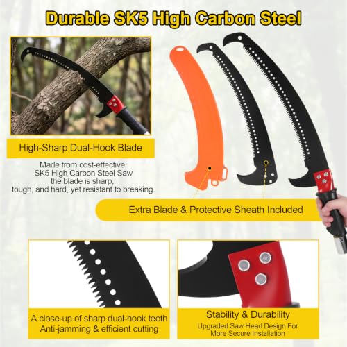 7.3-27FT Extendable Pole Saw with Scissors, Lightweight 8 Section Fiberglass Pole, Sharp High Carbon Steel Double-Hook Saw, Manual Tree Trimmer for High Branch Trimming,Lawn and Garden