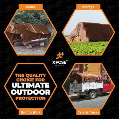 Xpose Safety Super Heavy-Duty 8' x 10' Brown Poly Tarp Bulk (8-Pack) - 16 Mil Waterproof & UV Resistant, Rip-Proof with Reinforced Edges & Grommets - color: Brown, size: 8' X 10' (8-Pack)