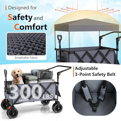 3 in 1 Collapsible Wagon with 300lbs Weight Capacity,150L Heavy Duty Utility Cart with Removable Canopy,with Big All-Terrain Beach Wheels & Drink Holders,Gray - color: Gray