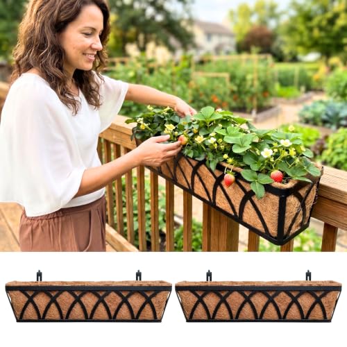 LaLaGreen Deck Railing Planter Boxes (30 Inch, 2 Pack) Wall Hanging Planters for Outdoor Plants, Black Metal Rectangular Window Flower Box with Coco Liner, Horse Trough Rail Fence Porch Patio Decor - size: 30" (76cm) x 2 pack