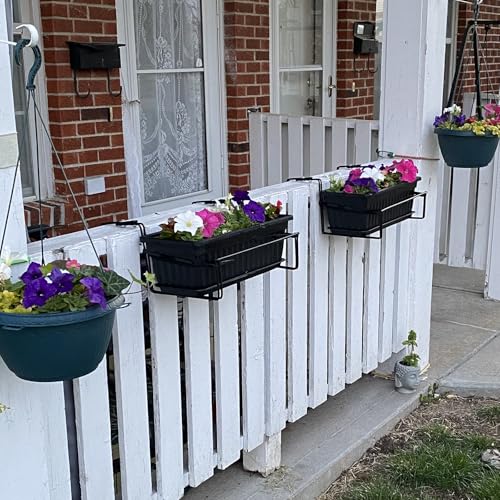 KEILEOHO 6 Pack 17 Inch Plastic Window Flower Box Planter, Rectangular Windowsill Planters with Trays and 30 Plant Labels, Countryside Flower Box Planter Plastic Vegetable Planters, Black