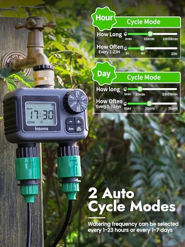 Insoma Hose Timer 2 Zones Brass Inlet, Water Timer for Garden Hose, Sprinkler Timers with Rain Delay/Manual/Auto Mode, Faucet Timers 2 Outlet for Garden Watering, Lawn, Yard