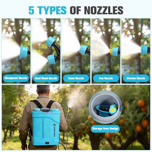 Battery Powered Backpack Sprayer 5.3 Gallon, 0-100 PSI Adjustable Pressure Sprayer with 2 * 3.0A Batteries, Electric Sprayer with Telescopic Wand and 5 Nozzles for Lawn, Garden, Yard