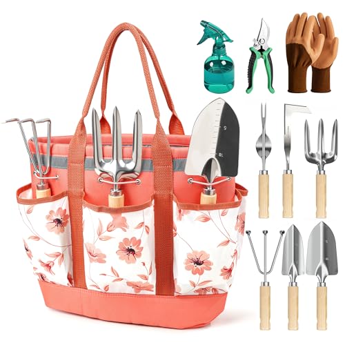 10Pcs Garden Tool Set, Rust-Proof Stainless Steel, Ash Wood Handles, Pink - color: Pink