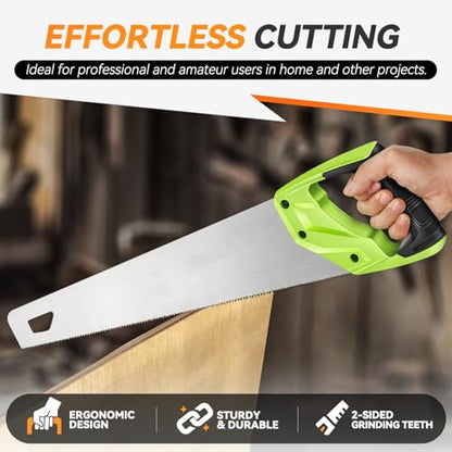 Auto Dynasty [2 Pcs] 17" Handsaw Fine-cuts Wood Saw with Non-Slip Comfort Grip for Sawing, Trimming, Gardening, Cutting Wood, Drywall, Plastic Pipes, Sharp Blade, Green - style: 2pcs 17" Hand Saw