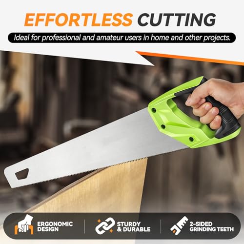 Auto Dynasty 17" Wood Handsaw Hand Cuts Hardpoint Hand Saw Fine-Cut with Non-Slip Comfort Grip for Sawing, Trimming, Gardening, Cutting Wood, Drywall, Plastic Pipes, Sharp Blade, Green - style: 17" Hand Saw