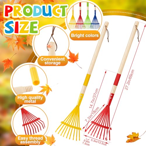 8 Pcs Kids Rake Small 27inch Wood Handle Leaf Rake with Colorful Metal Tine