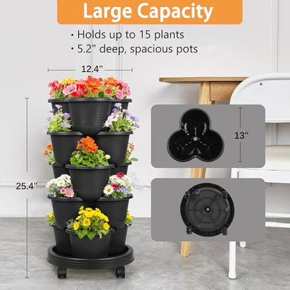 VECELO 5 Tier Vertical Garden Planter, Self Watering Stackable Planters with Wheels for Strawberries, Herbs, Flowers, Vegetables, Black - color: Black, size: 5 Tier