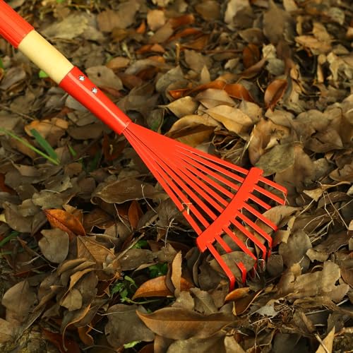 Kids Rakes with Hardwood Handle - Metal Kids Leaves Rakes, 28" Child Size Lawn Rakes with Vibrant Red Heads, Garden Tool Set for Kids Boys and Girls - color: Red