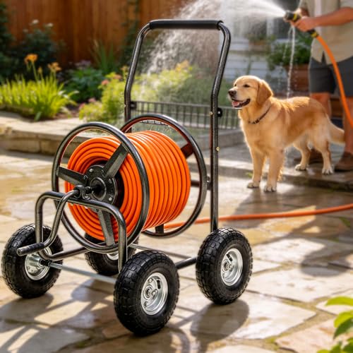 Garden Water Hose Reel Cart - 250 ft. Capacity, 10" Pneumatic Tires, Powder-Coated Steel Frame for Tangle-Free Garden Hose Storage - color: Gray