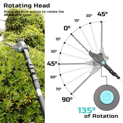 20V Cordless Telescopic Pole Hedge Trimmer Long Reach Extendable Hedge Cutter - 1x 2.0AH Battery, Shoulder Strap, Fast Charger - for Hedges, Branches